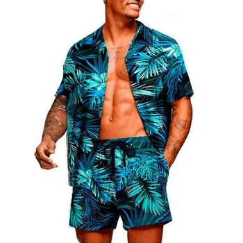 Повседневные пляжные рубашки с принтом Листьев, комплект из двух предметов, мужская летняя Модная Свободная рубашка с лацканами и шорты, Костюмы, Мужская одежда в стиле ретро