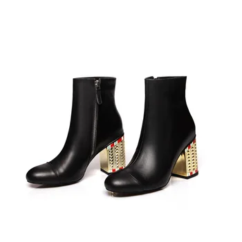 Короткие ботинки из натуральной кожи На металлическом Квадратном каблуке до щиколотки, Женская обувь, Осенняя мода, черные Уличные Botas Femininas