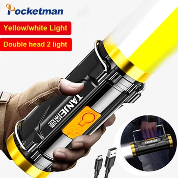 Новейший желтый и белый фонарик с двойным источником света Lanterna, уличный USB перезаряжаемый светодиодный прожектор, портативный прожектор